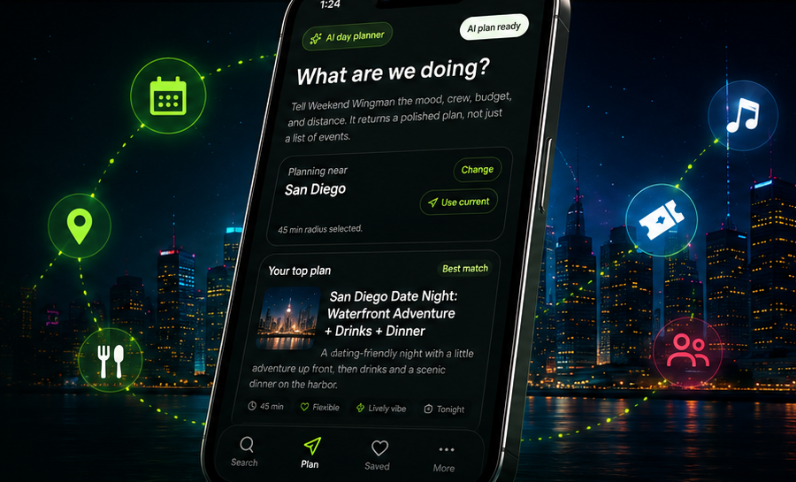 Weekend Wingman phone preview with city, map pins, event icons, and a planned day
