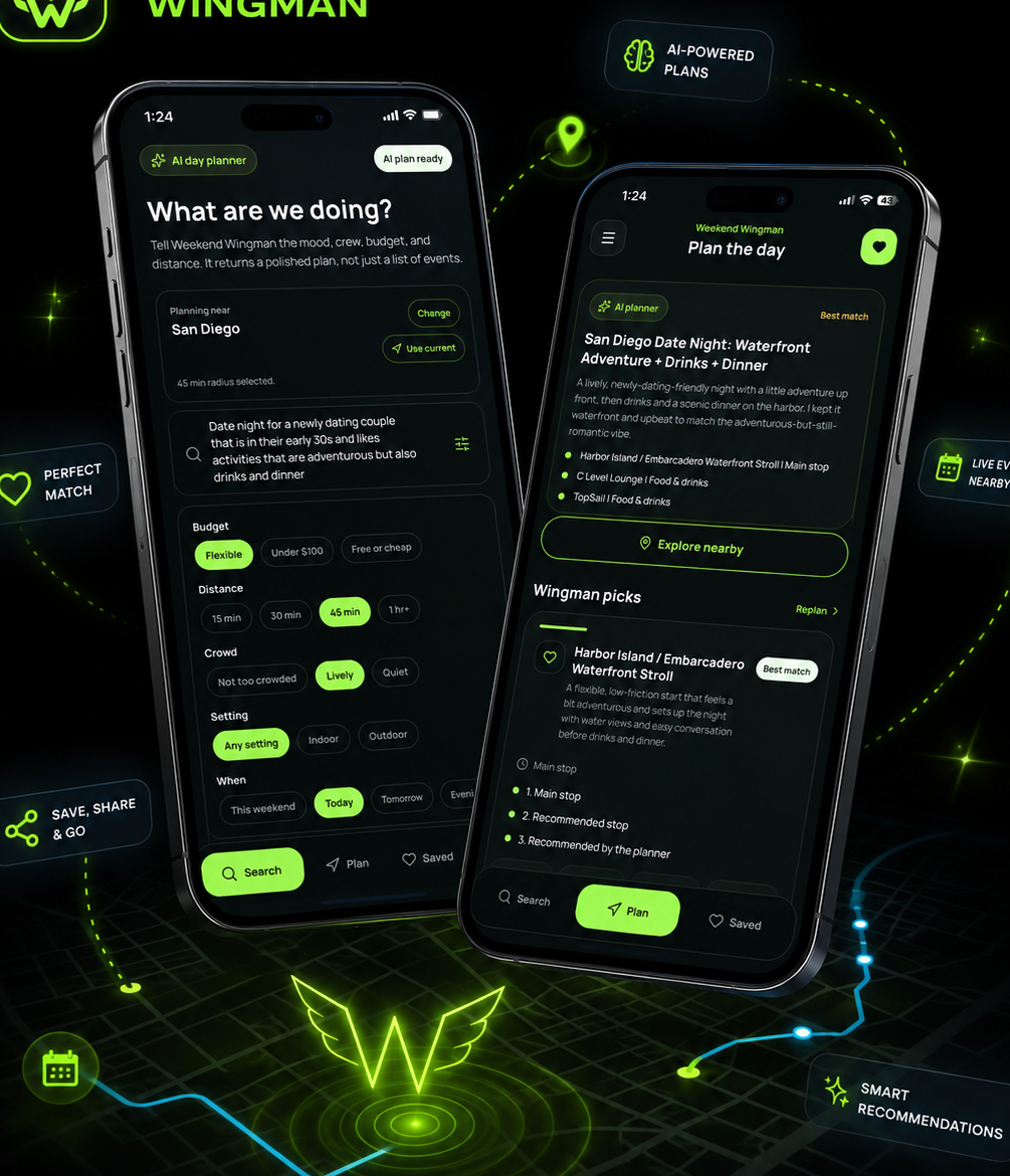 Weekend Wingman product screens showing planning results and a route map